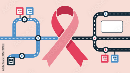 Pink ribbon in the center with road map elements for breast cancer awareness on a light pink background