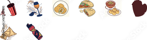 Colorful hand drawn vector illustration of traditional Indian street food and drinks set including samosa, pakora fritters, momo dumplings, pani puri, spicy chaat, refreshing soda can, ginger ale, jui