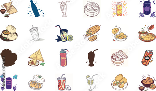 Colorful hand drawn vector illustration of traditional Indian street food and drinks set including samosa, pakora fritters, momo dumplings, pani puri, spicy chaat, refreshing soda can, ginger ale, jui
