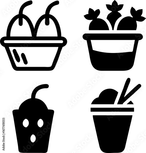 Fresh produce and refreshing drinks icons, perfect for food blogs and healthy lifestyle promotions