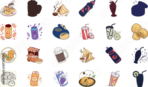 Colorful hand drawn vector illustration of traditional Indian street food and drinks set including samosa, pakora fritters, momo dumplings, pani puri, spicy chaat, refreshing soda can, ginger ale, jui