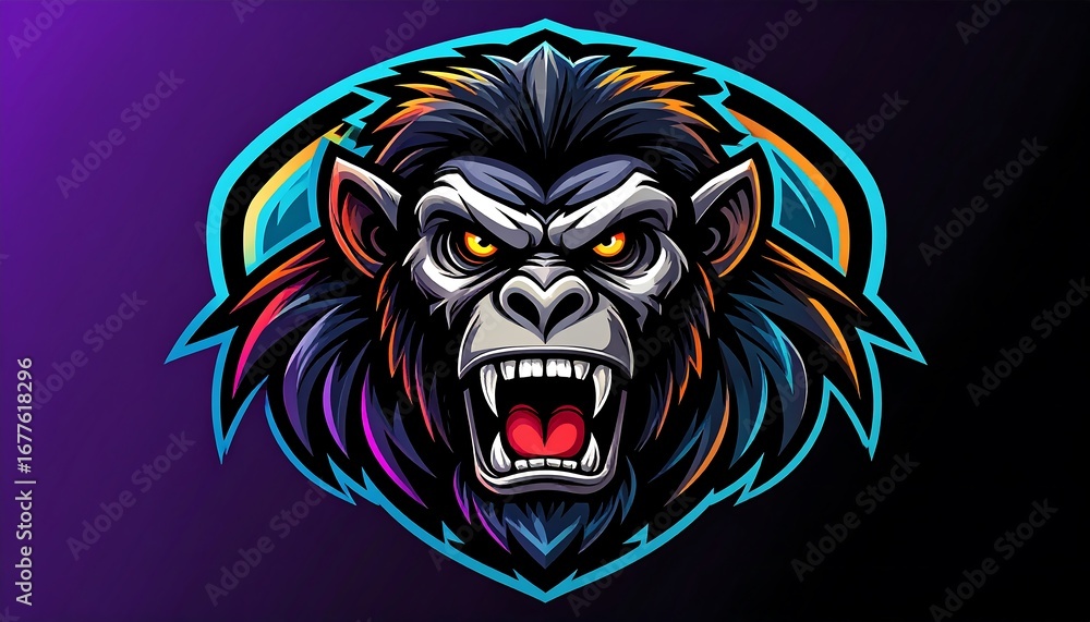 Fototapeta premium A vibrant, colorful graphic design of a gorilla head, featuring bold outlines and striking color accents.