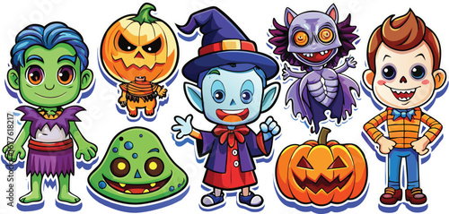 Happy Halloween day element background vector. Cute collection of spooky ghost, pumpkin, bat, candy, cat, skull, spider, grave, castle. Adorable halloween festival elements for decoration, prints.
