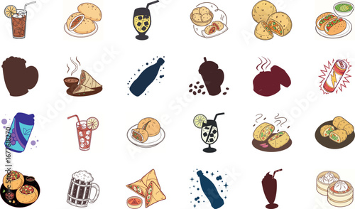 Colorful hand drawn vector illustration of traditional Indian street food and drinks set including samosa, pakora fritters, momo dumplings, pani puri, spicy chaat, refreshing soda can, ginger ale, jui