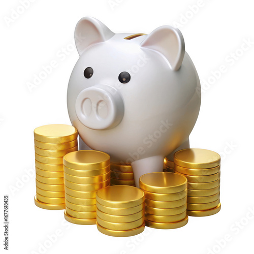 3d piggy bank with piles of golden coins financial savings concept transparent background