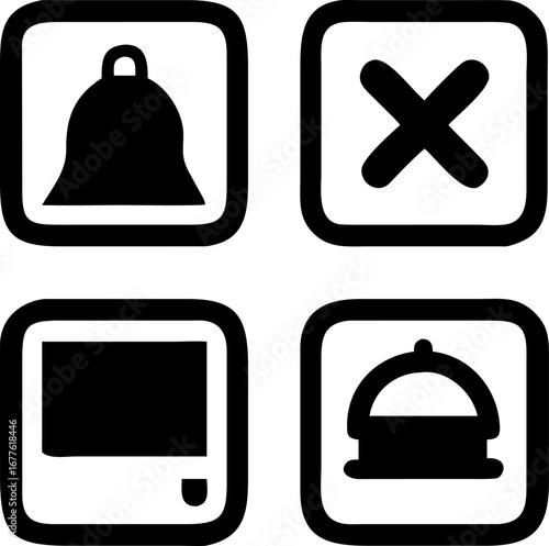 Four simple icons a bell, a cross, a screen, and a food tray offer clear visual cues for digital interfaces