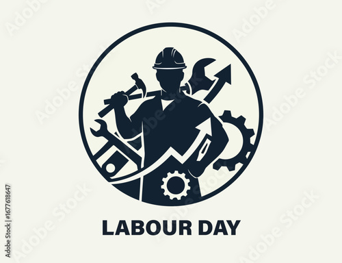Labour day celebration with worker silhouette and tools
