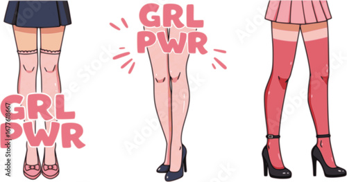 Girls power vector poster. GRL PWR is an abbreviation and women's legs in stockings and shoes, a bright stylized cartoon style illustration. Motivational feminist banner and a picture for typography