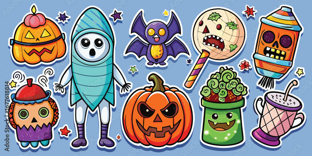 Fototapeta premium Happy Halloween day element background vector. Cute collection of spooky ghost, pumpkin, bat, candy, cat, skull, spider, grave, castle. Adorable halloween festival elements for decoration, prints.