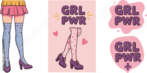 Girls power vector poster. GRL PWR is an abbreviation and women's legs in stockings and shoes, a bright stylized cartoon style illustration. Motivational feminist banner and a picture for typography