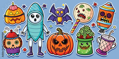 Happy Halloween day element background vector. Cute collection of spooky ghost, pumpkin, bat, candy, cat, skull, spider, grave, castle. Adorable halloween festival elements for decoration, prints.