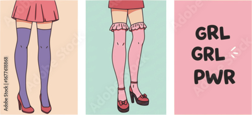 Girls power vector poster. GRL PWR is an abbreviation and women's legs in stockings and shoes, a bright stylized cartoon style illustration. Motivational feminist banner and a picture for typography