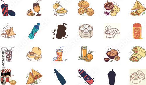 Colorful hand drawn vector illustration of traditional Indian street food and drinks set including samosa, pakora fritters, momo dumplings, pani puri, spicy chaat, refreshing soda can, ginger ale, jui