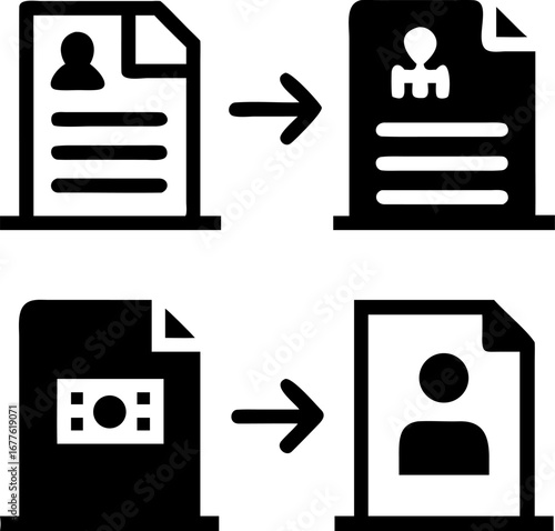 Transforming resumes and financial documents with clear directional icons for business processes