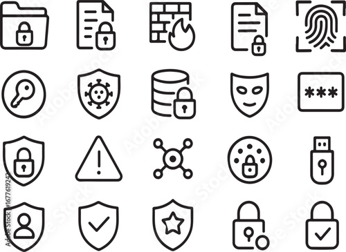 Cybersecurity and data protection icons set featuring locks shields fingerprints and firewalls for digital security concepts