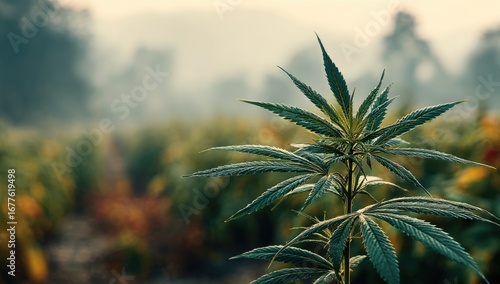 Cannabis plant in a field at dawn