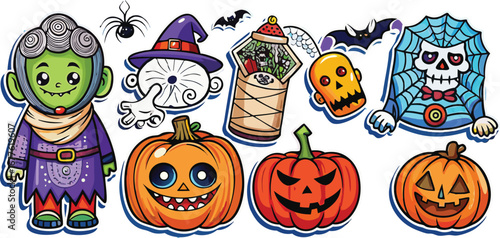 Happy Halloween day element background vector. Cute collection of spooky ghost, pumpkin, bat, candy, cat, skull, spider, grave, castle. Adorable halloween festival elements for decoration, prints.