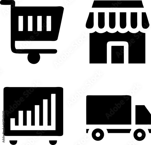 Seamless commerce icons shopping cart store growth chart delivery truck for business and retail