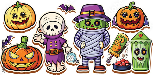 Happy Halloween day element background vector. Cute collection of spooky ghost, pumpkin, bat, candy, cat, skull, spider, grave, castle. Adorable halloween festival elements for decoration, prints.