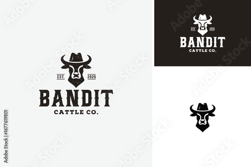 Silhouette of Cow Bull Texas Longhorn wears Bandit Cowboy Hat for Countryside Cattle Ranch or Western Premium Beef Meat Vintage Logo Design