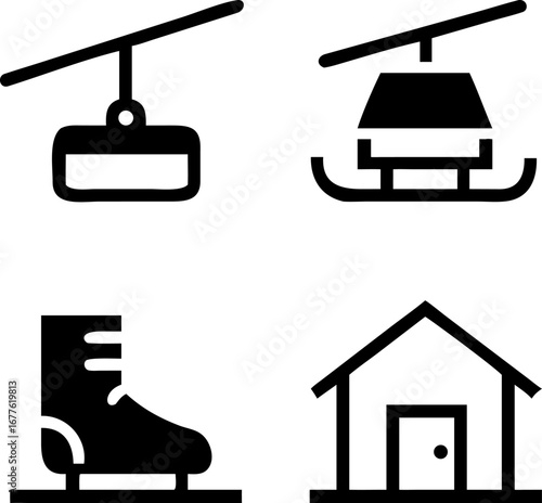 Winter resort icons ski lift cable car ice skate and cozy cabin for adventure travel and recreation