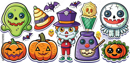 Happy Halloween day element background vector. Cute collection of spooky ghost, pumpkin, bat, candy, cat, skull, spider, grave, castle. Adorable halloween festival elements for decoration, prints.