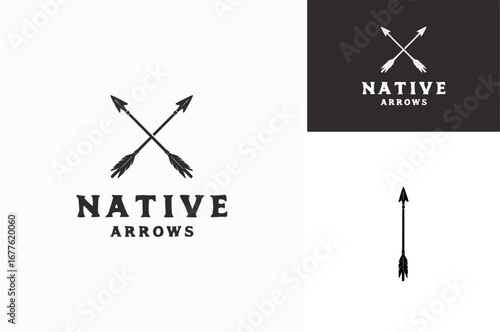 Simple rustic hand drawn silhouette of Crossed Ancient Indian Indigenous American Native Arrows logo design
