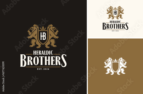 Two heraldry rampant lions with a crown and realm shield crest letter HB between. Classic Luxury Kingdom Coat of Arms Vintage Royal logo design