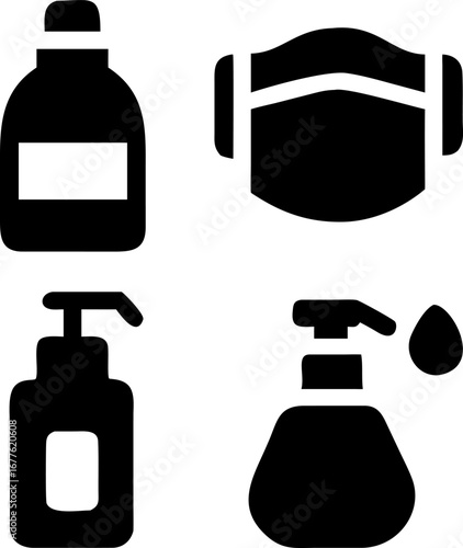 Essential hygiene icons featuring hand sanitizer, soap, and face mask for health and safety promotion