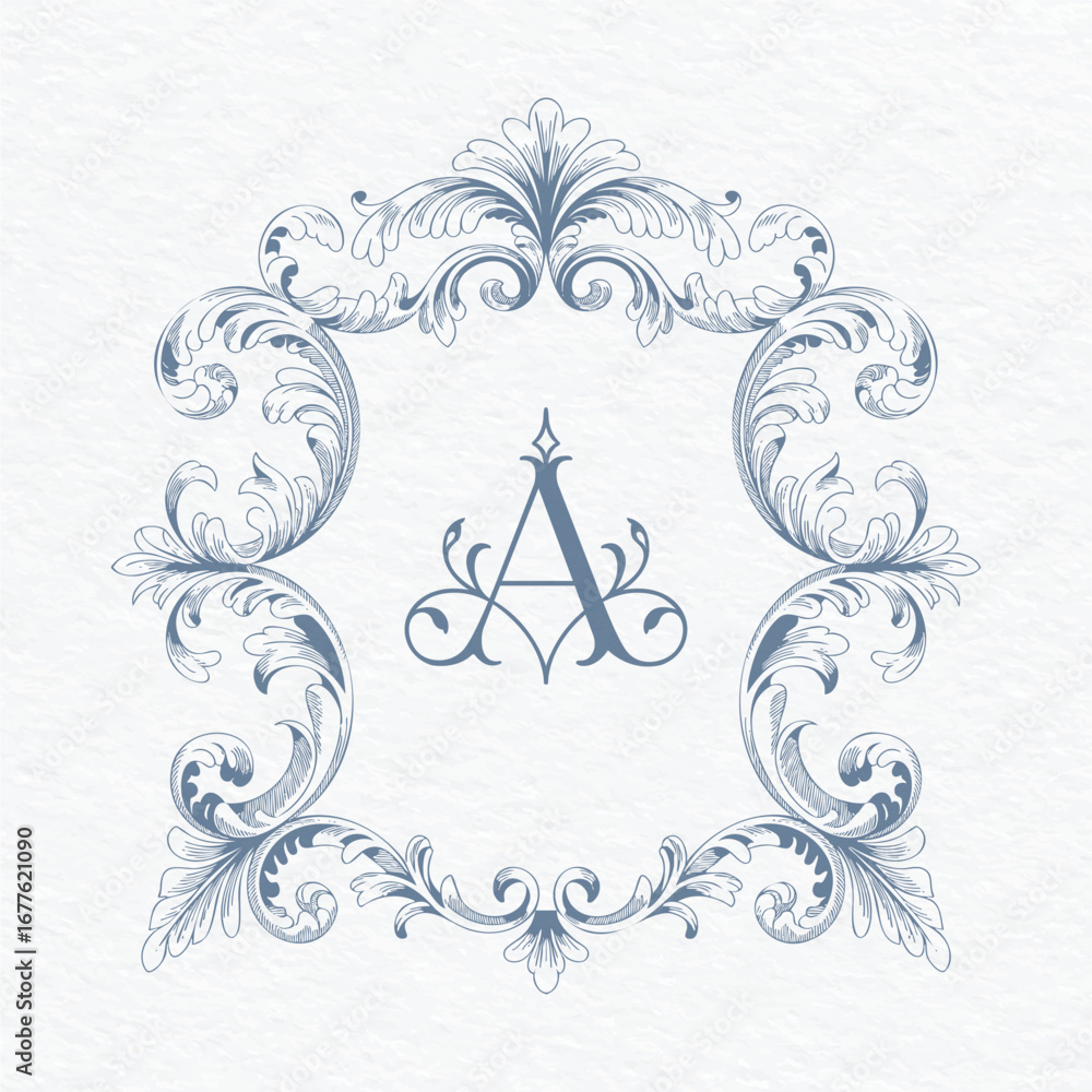 Naklejka premium Elegant baroque wedding monogram frame with floral scrolls. Decorative frame with engraving-style baroque flourishes.