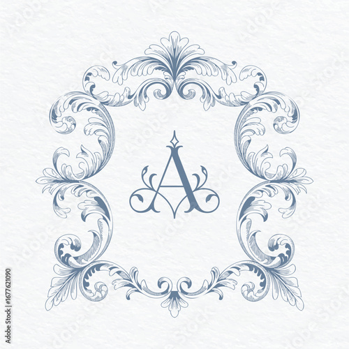 Elegant baroque wedding monogram frame with floral scrolls. Decorative frame with engraving-style baroque flourishes.