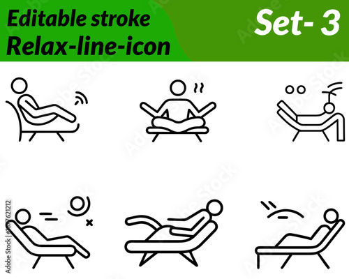 Relax icon character designed with a calm person resting on a chair, hammock, or sofa surrounded by peaceful elements like plants tea/coffee cup or soft music notes. Features smooth lines soft.