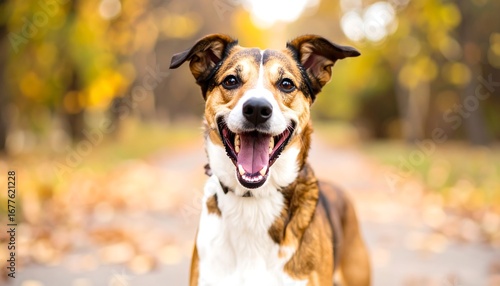 Happy Mixed Breed Dog Smiles in Autumn Leaves.