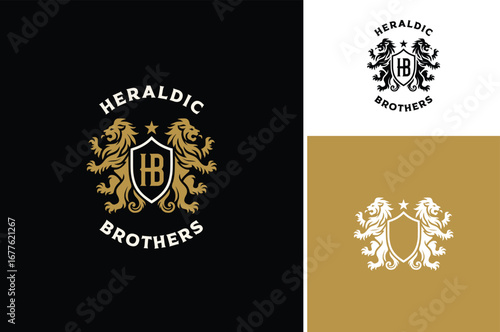 Two heraldry rampant lions with kingdom shield crest letters HB Monogram. A Classic Luxury Coat of Arms Vintage Premium Brand logo design