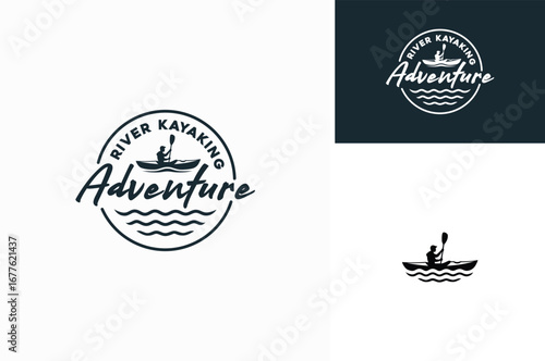 Silhouette of man rowing a paddle oar on canoe or kayak boat for river stream kayaking adventure label logo design