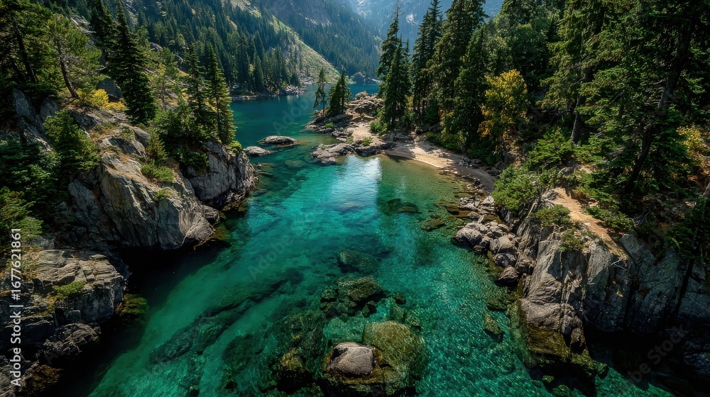 Fototapeta premium Serene Secluded Mountain Valley with Clear Lake and Untouched Sandy Beach Inspiring Relaxation and Connection with Nature