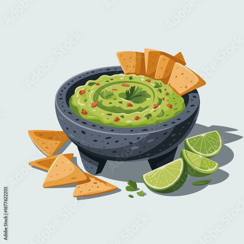 Guacamole with Tortilla Chips in Molcajete Illustration