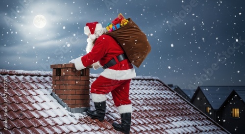Santa Claus Climbing Chimney on Snowy Night with Gifts