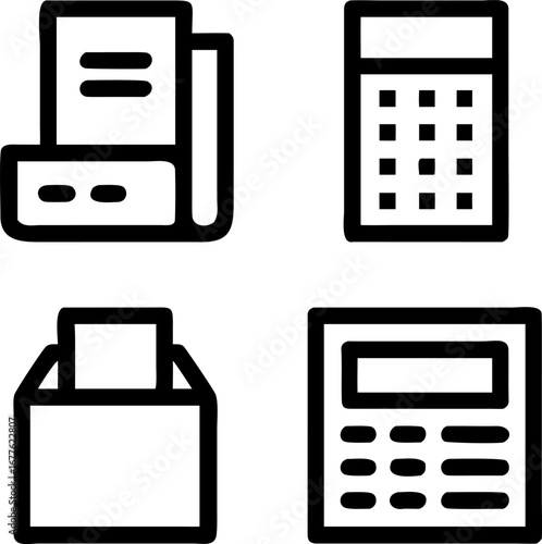 Modern business icons featuring calculator, printer, and ballot box for financial and administrative tasks