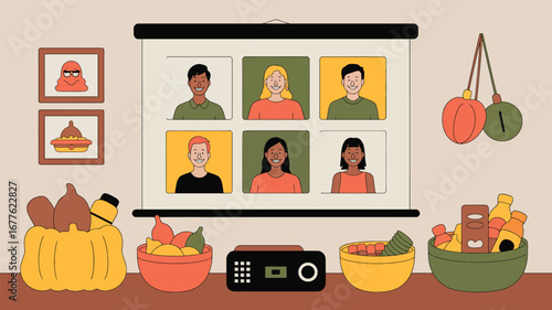 Illustration of a virtual meeting with people on screen and food displayed on the table below it
