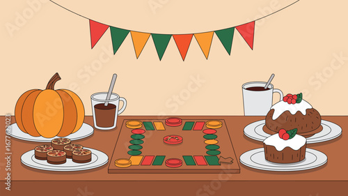 Illustrated thanksgiving table with pumpkin, desserts, hot chocolate and a board game setup