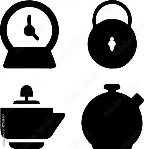Icon set featuring clock, padlock, kettle, and stopwatch for time management and security concepts