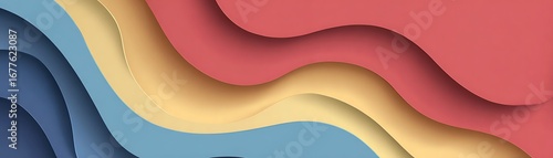 A vibrant abstract design features layered, wavy shapes in a palette of soft pastels and warm tones.