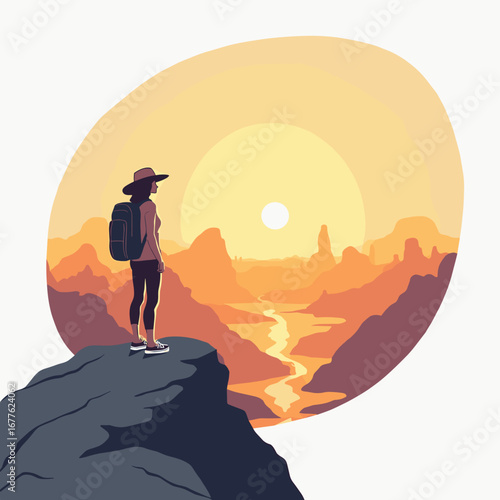 Female traveler watching sunset on cliff in mountainous landscape  
