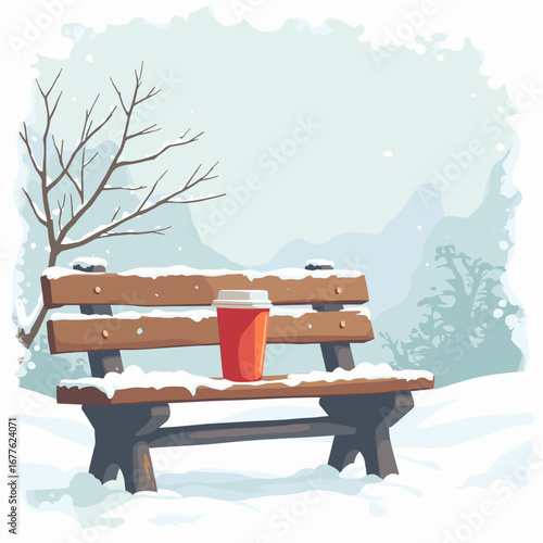 Red coffee thermos on a snow-covered wooden bench in winter  
