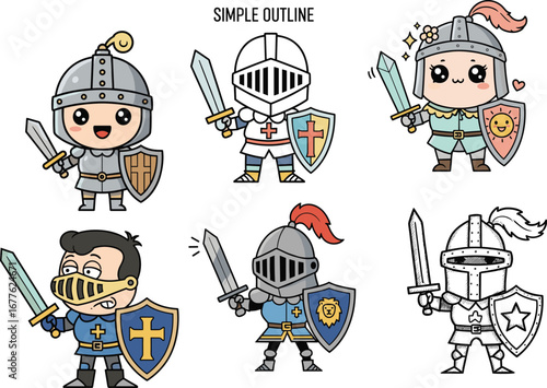 Cartoon knight vector set, cute armor characters, sword, shield, medieval, chibi, smiling, fantasy, outline, children, illustration, hero, battle, warrior