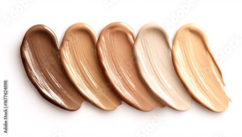 Five Liquid Foundation Swatches in Gradient from Light to Dark on Neutral Background
