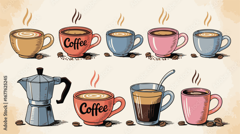 Fototapeta premium A charming set of ten whimsical hand drawn coffee cups and a moka pot coffee beans steam