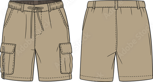 Men cargo shorts technical flat sketch, front and back vector illustration, drawstring waist, pocket detailing design fashion CAD template