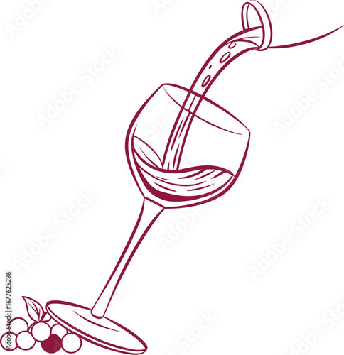 Elegant line art of red wine pouring into a glass with grape illustration, minimalist sketch for winery branding, bar menu design, and fine dining beverage concept artwork.